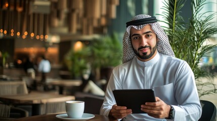 Poster - A man dressed in traditional attire is focused on a tablet while seated at a stylish cafe table. A cup of coffee is next to him as he engages in work in a bustling urban environment.