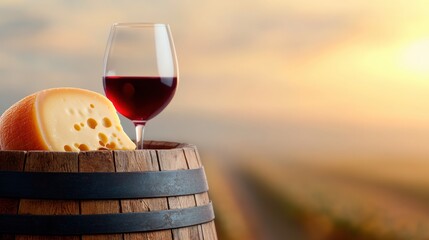 Poster - Wine glass and cheese on a barrel at sunset in a vineyard, AI