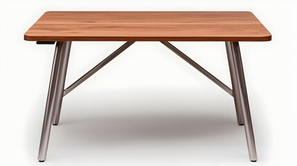 Poster - Sleek and modern minimalist office desk with sturdy metal legs and a smooth wooden surface set against a clean white background for a professional contemporary workspace