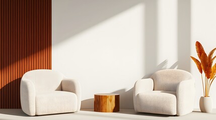Poster - Spacious and cozy classic living room interior with minimalist design featuring comfortable lounge chairs and sofa set in a warm inviting atmosphere