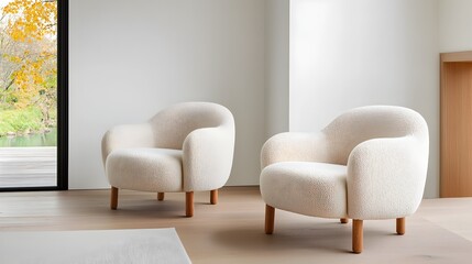 Aufkleber - Spacious and Stylish Minimalist Living Room with Boucle Accent Chairs and a Plush Sofa in Soothing Neutral Color Palette