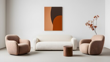 Aufkleber - Inviting Minimalist Living Room Featuring Boucle Accent Chairs and a Soft Neutral Sofa in a Sleek Contemporary Design with Neutral Tones and Wide Angle Perspective
