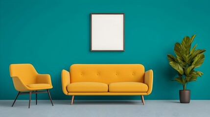 Poster - Serene and Stylish Scandinavian Living Room with Yellow Sofa and Teal Accent Wall  Bright airy and minimalist interior design with modern furniture and decor