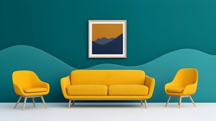 Aufkleber - Bright and Airy Scandinavian Inspired Living Room Setting with a Comfortable Yellow Sofa Matching Chair and Teal Accent Wall Featuring a Poster Frame in a Wide Angle View