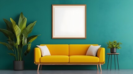 Aufkleber - Beautifully designed Scandinavian inspired living room featuring vibrant yellow furniture a teal accent wall and a poster frame creating a cozy and contemporary home decor setting