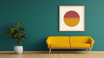 Aufkleber - Vibrant Scandinavian inspired living room design featuring a teal accent wall striking yellow furniture and a poster frame showcasing contemporary artwork  The modern