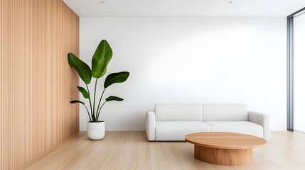 Aufkleber - Minimalist and Cozy Japandi Inspired Living Room with Bright Open Space and Light Wood Accents Creating a Serene and Harmonious Interior Design