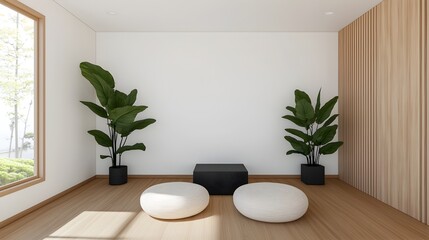 Aufkleber - Harmonious Japandi Inspired Living Room with Minimalist Allure and Natural Accents A spacious and serene open concept living area featuring soft neutral colors natural materials and a calming