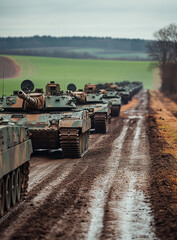 A line of tanks are driving down a dirt road. The tanks are in a row and are moving in the same direction