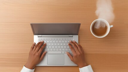 Poster - Businesswoman working diligently on sleek notebook computer in airy sunlit office space a cup of steaming coffee or tea nearby on minimalist wooden desk