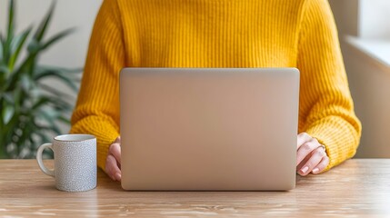 Aufkleber - Elegant and Sunlit Home Office Setting with Woman Working on Laptop Coffee Mug on Desk Cinematic Lighting and Warm Cozy Ambiance