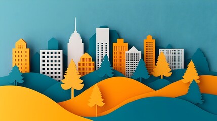 Leinwandbilder - Stunning paper cut style 3D cityscape with layered buildings and trees creating a sense of depth and dimension  Minimalist urban architecture and nature inspired design in a modern digital
