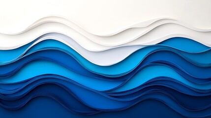 Poster - Stunning 3D paper cut ocean waves design with layered gradients seamlessly blending shades of blue and white creating a dynamic and modern abstract seascape effect