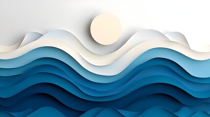 Poster - Captivating 3D paper cut ocean waves featuring layered gradients that blend shades of blue and white creating a dynamic and mesmerizing visual effect