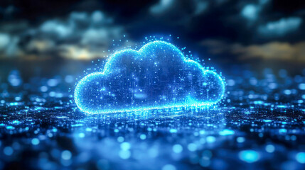 Poster - Digital cloud illustration in a blue glowing field, representing cloud computing and data storage concepts