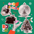 © LanaSham - Christmas and New year halftone collage elements set. Cut out of magazine shapes - vintage gramophone, hand with champagne glass, snow ball, xmas tree. Modern retro grunge punk vector illustration