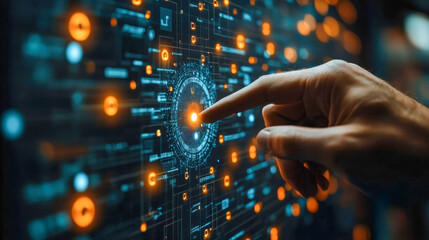Poster - Hand pointing at a digital interface with glowing nodes, signifying interactive technology and data visualization