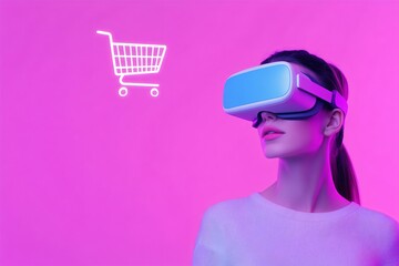 Woman using VR headset for virtual shopping on neon purple background. Cyber Monday, Black Friday. Virtual reality, metaverse, technology and online shopping concept. Template with copy space