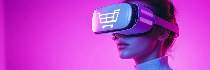 Woman using VR headset for virtual shopping on neon purple background. Cyber Monday, Black Friday. Virtual reality, metaverse, technology and online shopping concept. Template with copy space