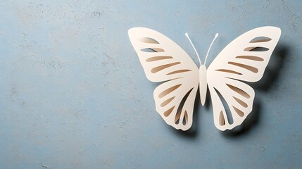 Leinwandbilder - Elegant 3D paper cut butterfly with delicate wings casting soft shadows on a textured monochromatic background  The intricate calligraphic design creates a and decorative composition