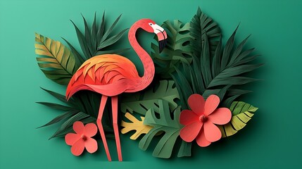 Poster - and Intricate 3D Paper Cut Flamingo Surrounded by Vibrant Tropical Plants Creating a Stunning and Captivating Visual Composition