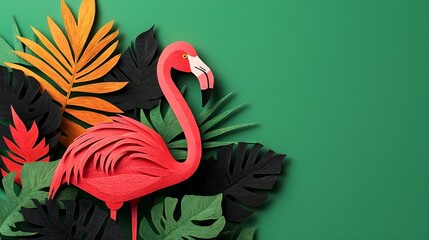 Poster - 3D paper cut flamingo design with tropical plants leaves and flowers in bold vibrant colors and intricate details creating a visually striking and modern aesthetic
