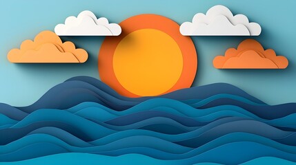 Stunning 3D digital art featuring a layered paper cut style sky with dramatic clouds and a serene setting sun blending warm and cool tones for a captivating atmospheric effect