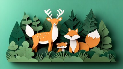 Aufkleber - Whimsical and Playful Layered 3D Paper Cut Forest Animals in a Natural Scenic Setting Creating a Fun and Engaging Children s or Background Design