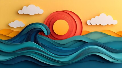 Fototapete - Visually striking 3D paper cut waves arranged in a circular motion with bold and vibrant colors that convey a sense of energy movement and dynamic harmony