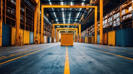 Poster - Industrial warehouse with a lone shipping container in the center, symbolizing modern efficiency in vast, organized space
