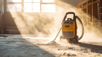 Poster - Industrial yellow vacuum on a construction site, sunlight filtering through, cleaning up dust and debris efficiently