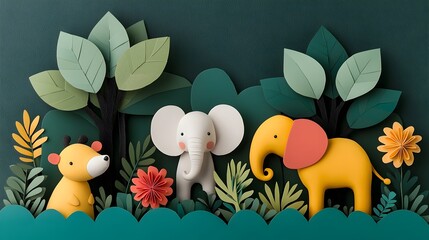 Poster - Playful 3D clay animal figures in a vibrant paper cut jungle scene with layered trees and a whimsical creative design