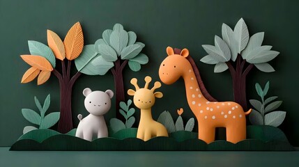 Poster - Whimsical and playful 3D clay animal figures set in a vibrant paper cut jungle scene featuring layered trees and foliage in a composition