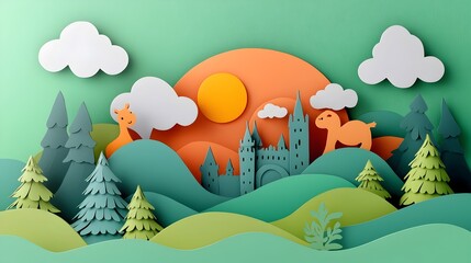 Poster - Adorable 3D clay cartoon characters in a beautifully crafted paper cut fantasy landscape featuring enchanting castles magical creatures and a whimsical imaginative atmosphere