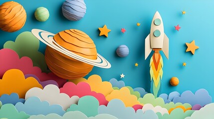 Poster - Whimsical 3D clay planets and stars in a paper cut outer space scene with a rocket soaring through colorful cloud layers of an imaginary cosmic landscape