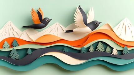 Poster - Whimsical of a flock of three dimensional clay birds gracefully flying over a layered paper cut landscape with mountains rivers and lush trees in a composition