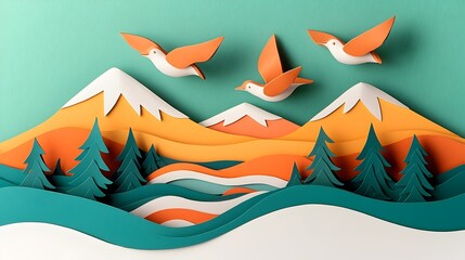 Poster - Whimsical 3D clay birds gracefully flying over a layered paper cut landscape featuring mountains rivers and lush trees  This digital evokes a sense of tranquility and wonder in a modernistic
