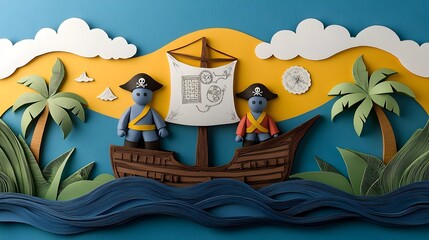 Poster - Adventurous 3D Clay Pirates Sailing on a Layered Paper Cut Ship through the Ocean and Islands with Treasure Maps  Whimsical Fantasy of a Nautical Adventure