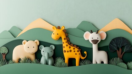 Poster - Playful 3D clay jungle animals in a layered paper cut savannah landscape with trees and mountains in the background  This digital 3D features a creative colorful and geometric composition