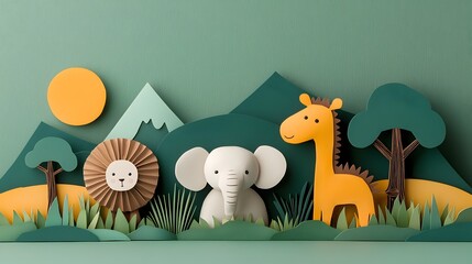 Poster - Vibrant 3D clay jungle animals playfully interacting in a layered paper cut savannah landscape with trees and mountains in the background  A colorful and creative digital