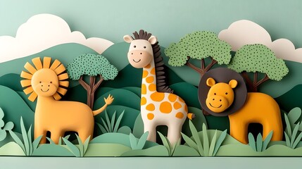 Aufkleber - Whimsical and vibrant 3D clay jungle animals including elephants giraffes and lions set in a layered paper cut savannah landscape with trees and mountains in the background