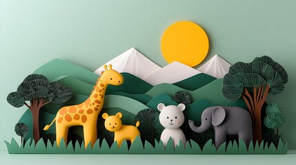 Aufkleber - Whimsical 3D clay animal sculptures in a layered paper cut savannah landscape with stylized trees and mountains in the background creating a scene