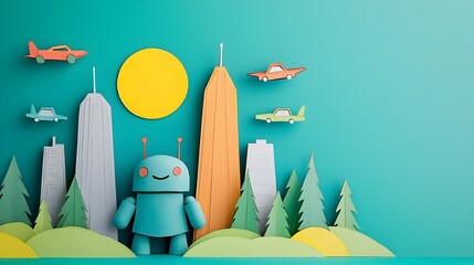 Poster - Cute 3D clay robots interacting in a surreal futuristic paper cut city landscape with flying cars hovering above tall stylized skyscrapers  This digital has a whimsical minimalist