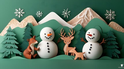 Poster - Charming 3D clay snowmen and winter animals playing together in a layered paper cut winter wonderland scene with snowflakes and mountains in the background  Creative festive