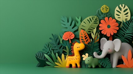 Poster - Playful 3D Clay Characters Embarking on an Imaginative Adventure Through a Layered Paper Cut Jungle Filled with Vibrant Plants Colorful Animals and a Sense of Wonder