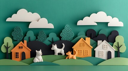 Poster - Whimsical and imaginative scene of 3D clay cats and dogs playing in a layered paper cut neighborhood surrounded by colorful houses trees and a environment