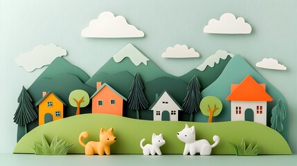 Poster - Whimsical and Colorful 3D Clay Sculptures of Playful Cats and Dogs Exploring a Layered Paper Cut Neighborhood with Houses and Trees