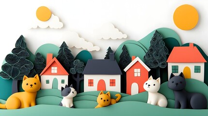 Poster - Whimsical 3D clay cats and dogs joyfully playing in a layered paper cut neighborhood filled with charming houses and trees creating a delightful and imaginative scene