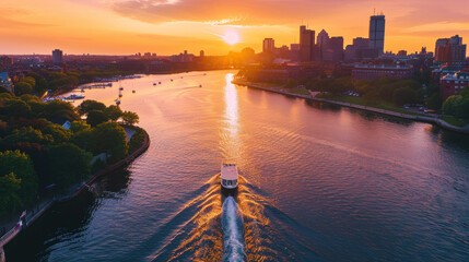 Single motor boat crossing the Charles River at sunset. Amazing scenery of Boston, Massachusetts, USA from top under orange sky.