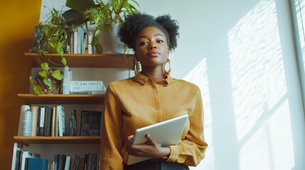 Aufkleber - A young black woman stands confidently in a sunlit room, holding a tablet. Shelves filled with books and vibrant plants create a lively backdrop as she engages in her tasks or thoughts.
